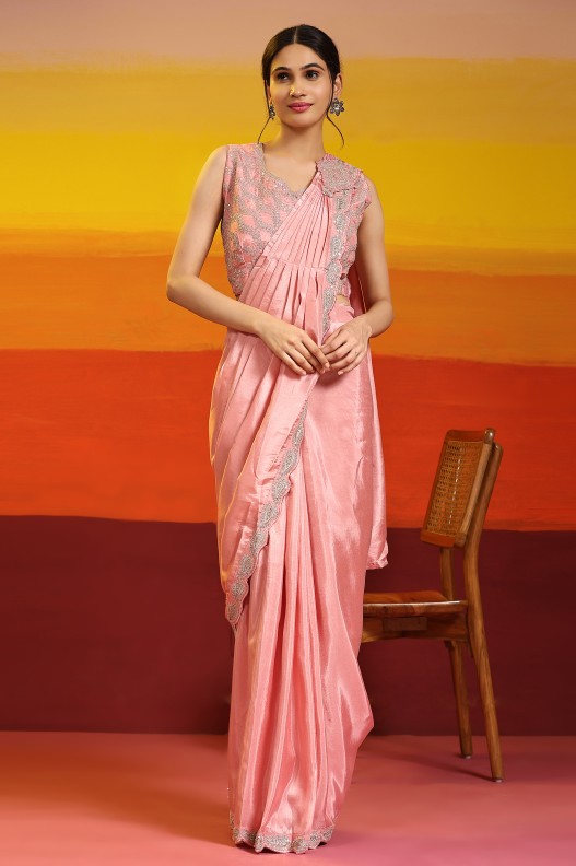 Premium Silk Sattin Hand Embroidery & Sequince Work Readywear Saree With Designer Blouse